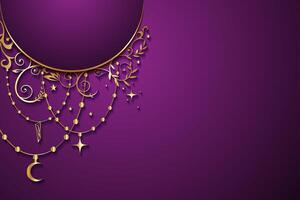 Mystic celestial golden frame with stars, floral, crescent, and copy space in boho style. Ornate magical banner with a place for text. gold border isolated on purple background vector