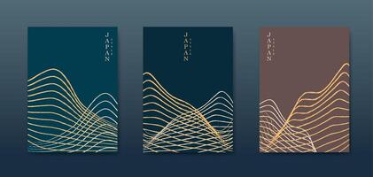 Japanese landscape background set cards line wave pattern illustration. Abstract colorful template geometric wavy texture. Mountain layout design in oriental style, vertical brochure vector