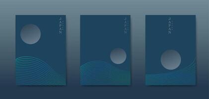 Japanese landscape background set cards blue line wave pattern illustration. Luxury Abstract template geometric wavy texture. Water and Moon layout vector