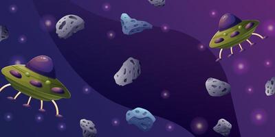 Boundless space with asteroids, stars and UFOs, flying saucers. horizontal cartoon background. vector