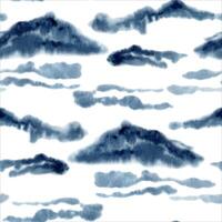 Abstract blue clouds and mountains seamless pattern. Hand drawn watercolor illustration isolated on white background. Indigo monochrome landscape backdrop, fabric and card designs, dress pattern vector