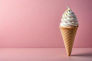 Ice cream cone with strawberry topping on a light pink background. Copy space photo