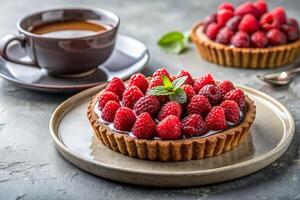 Chocolate Raspberry piece of Tart on a grey plate and coffee cup photo