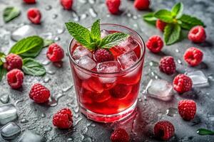 Close-up image of a refreshing red drink with ice and raspberries, garnished with a green leaf, with scattered ice pieces on a gray background photo