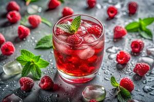 Close-up image of a refreshing red drink with ice and raspberries, garnished with a green leaf, with scattered ice pieces on a gray background photo