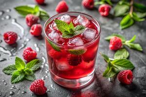 Close-up image of a refreshing red drink with ice and raspberries, garnished with a green leaf, with scattered ice pieces on a gray background photo