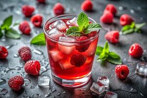 Close-up image of a refreshing red drink with ice and raspberries, garnished with a green leaf, with scattered ice pieces on a gray background photo