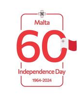 60 years anniversary of Malta's Independence Day. Large red number 60 with Maltese flag. 1964-2024. Great for logo, card, website, print, design, poster, social media. Flat style illustration vector