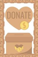 Frame of falling coins money in box charity and donation boxes border with heart says DONATE vector