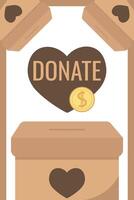 Frame of falling coins money in box charity and donation boxes border with heart says DONATE vector