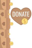 Frame of falling coins money in box charity and donation boxes border with heart says DONATE vector