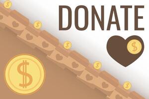 Frame of falling coins money in box charity and donation boxes border with heart says DONATE vector