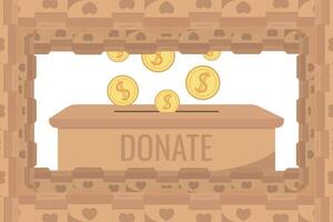 Frame of falling coins money in box charity and donation boxes border with heart says DONATE vector
