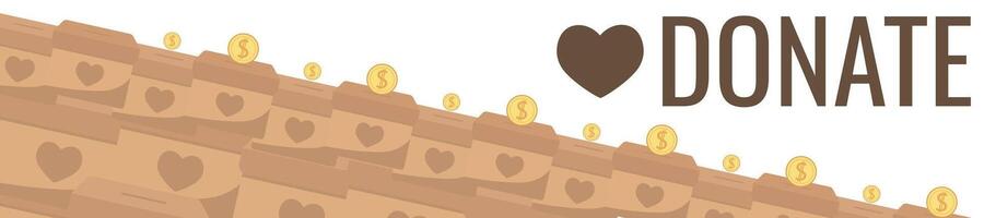 Frame of falling coins money in box charity and donation boxes border with heart says DONATE vector
