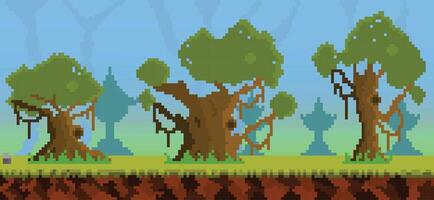 Pixel 2d flat game background, nature landscape pixel scene with green grass and ground platforms, pixelated template for computer game or application vector