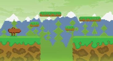 Pixel 2d flat game background, nature landscape pixel scene with green grass and ground platforms, pixelated template for computer game or application vector