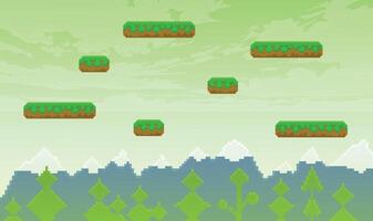 Pixel 2d flat game background, nature landscape pixel scene with green grass and ground platforms, pixelated template for computer game or application vector