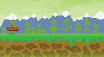 Pixel 2d flat game background, nature landscape pixel scene with green grass and ground platforms, pixelated template for computer game or application vector
