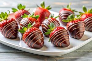 A group of chocolate-covered strawberries on a white plate with a light background, featuring a sliced strawberry to highlight its luscious interior photo