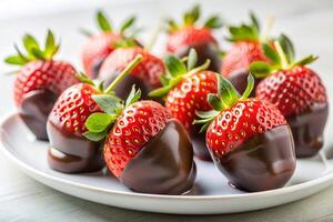 A group of chocolate-covered strawberries on a white plate with a light background, featuring a sliced strawberry to highlight its luscious interior photo