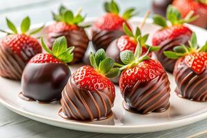 A group of chocolate-covered strawberries on a white plate with a light background, featuring a sliced strawberry to highlight its luscious interior photo