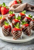 A group of chocolate-covered strawberries on a white plate with a light background, featuring a sliced strawberry to highlight its luscious interior photo