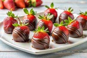 A group of chocolate-covered strawberries on a white plate with a light background, featuring a sliced strawberry to highlight its luscious interior photo