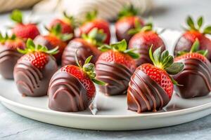 A group of chocolate-covered strawberries on a white plate with a light background, featuring a sliced strawberry to highlight its luscious interior photo