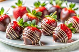 A group of chocolate-covered strawberries on a white plate with a light background, featuring a sliced strawberry to highlight its luscious interior photo