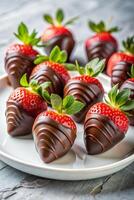 A group of chocolate-covered strawberries on a white plate with a light background, featuring a sliced strawberry to highlight its luscious interior photo