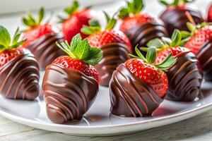 A group of chocolate-covered strawberries on a white plate with a light background, featuring a sliced strawberry to highlight its luscious interior photo