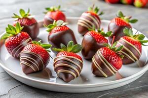 A group of chocolate-covered strawberries on a white plate with a light background, featuring a sliced strawberry to highlight its luscious interior photo