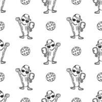 Pickleball avocado and balls black outline seamless patterns vector