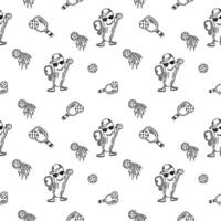 Pickleball paddles and pickle black outline seamless patterns vector