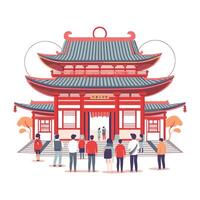 A serene scene of people visiting a temple vector