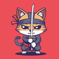 A young cat practicing with a samurai sword vector