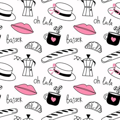 Seamless pattern of doodles on the theme of Paris, black line silhouettes with pink accents. Lips, baguette, coffee, hat, hands with a heart. Stylized and hand drawn.