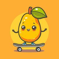A mango with a cheeky grin holding a skateboard vector