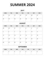 2024 SUMMER simple calendar, monday start vector