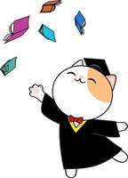 Cute graduated cat happily dances ballet in black graduation gown and throws books upwards, cartoon style vector