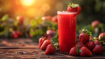 Fresh tasty strawberry juice in a glass on a wooden table beside strawberry photo