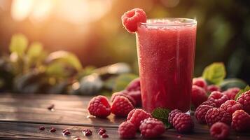 Fresh tasty raspberry juice in a glass on a wooden table beside strawberry photo