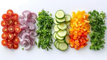 Different types of cut vegetables in a line on a white background photo
