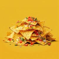 Close-up of a pile of nachos with cheese, salsa, and sour cream on a yellow background. Concept of snack food, Mexican food, appetizer, party food, and delicious. photo