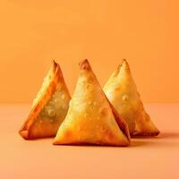 Crispy and golden brown samosas, Indian street food or appetizer. Close-up of three samosas on a pink background. photo