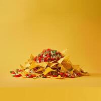 Pile of Tortilla Chips with Salsa on a Yellow Background photo