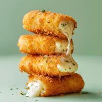 Closeup of a stack of crispy fried cheese sticks with melted cheese oozing out. Delicious and cheesy appetizer or snack perfect for parties or game day. photo
