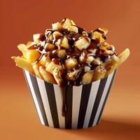 Poutine. Delicious Canadian dish of French fries, cheese curds, and gravy. Closeup of traditional Quebec food served in a striped container. photo