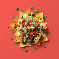 Delicious nachos with sour cream, tomatoes, avocado, jalapeno peppers and cilantro. Mexican food, snack, appetizer or side dish. Food photography with red background. photo