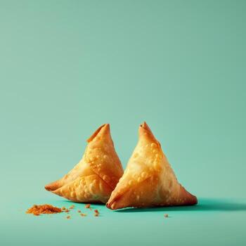 Crispy samosas with a sprinkle of sugar on a blue background. photo
